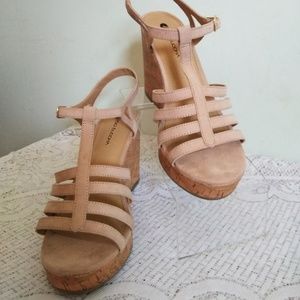 Big Buddha Tan Cork Platform Wedge Heels Sandals